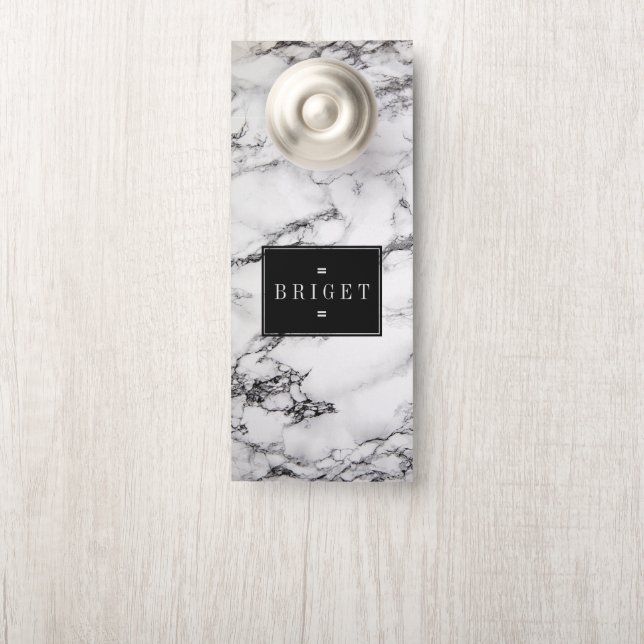 Aviso De Porta Monograma - Mármore Branco E Preto (Na maçaneta)