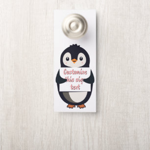 Aviso De Porta Pinguim fofo segurando um sinal para texto persona