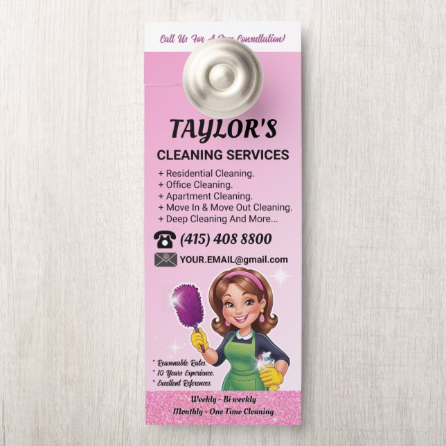 Aviso De Porta Pink Janitorial Lady House Cleaning Service (Na maçaneta)