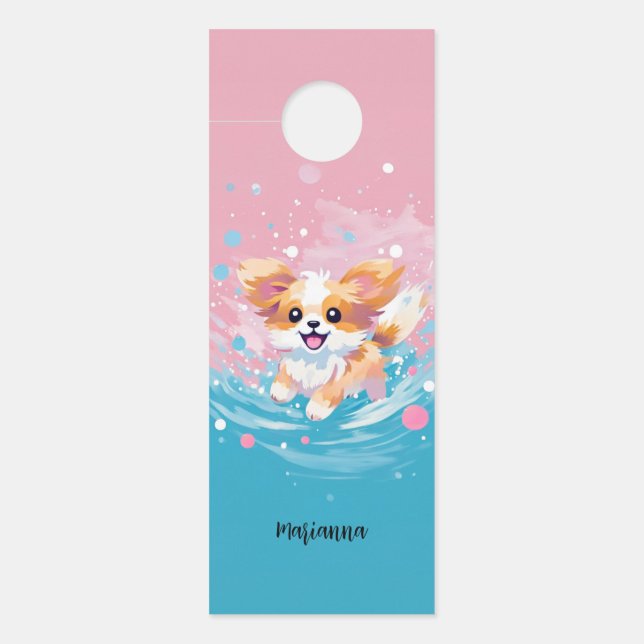 Aviso De Porta Pup de Papillon Reproduzido: Lixo de Rosa e Azul (Frente)