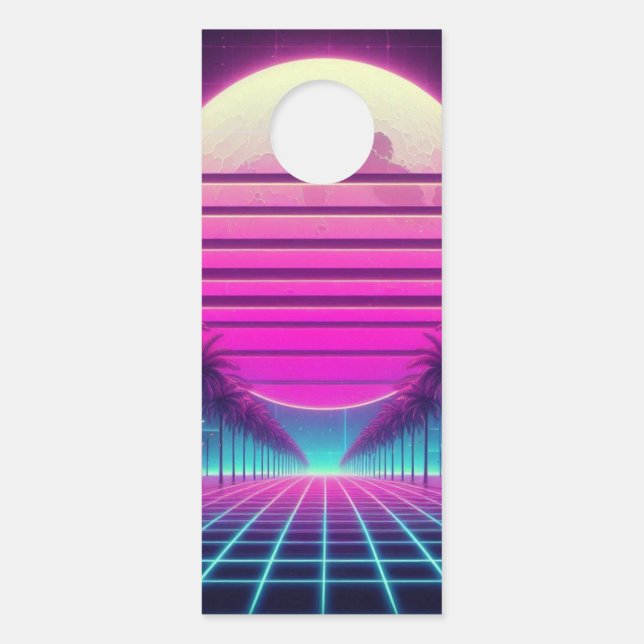 Aviso De Porta retrô, 80 anos lua neon/palmas (Frente)