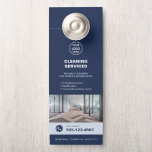 Aviso De Porta Serviços de Limpeza Azul Modernos com QR 