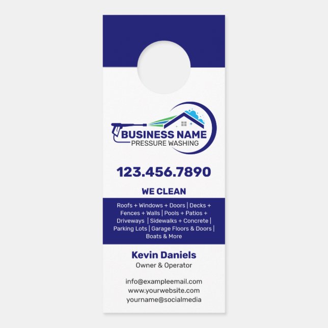 Aviso De Porta Serviços de Limpeza com Pressão Branco e Azul (Frente)