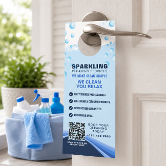 Aviso De Porta Serviços de Limpeza Profissionais Azul Branco Mode