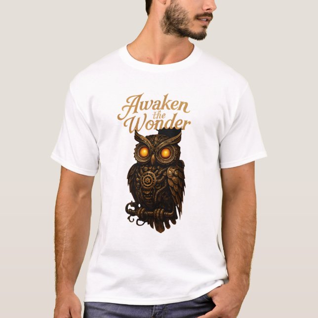 Awakening Wonder – Mechanical Owl Art T-Shirt (Frente)