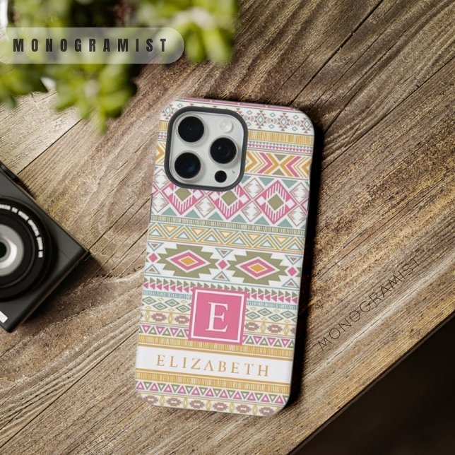 Aztec Azul Cor-de-rosa amarelo-claro personalizáve (Customizable Light Yellow Green Pink Blue Aztec iPhone Case)