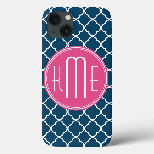 Azuis marinhos elegantes Quatrefoil com monograma (Verso)