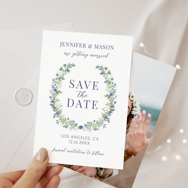 Azul amarelo floral Guardar o convite de fotografi (Criador carregado)