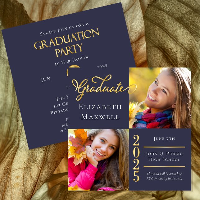 Azul | Anúncio de Graduação de Fotos Dourada | Par (Blue and Gold Tone Two Photo High School Graduation Announcement and Party Invitation -Print Digital)