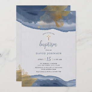 Azul-aquarela Convite Dourado Baptism