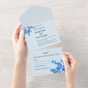Azul Aquarela Floral Tudo em Um Convite de casamen
