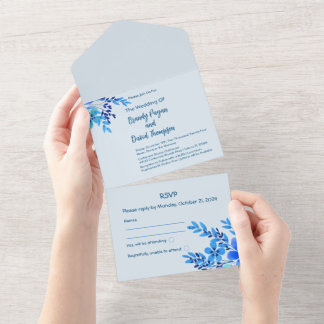 Azul Aquarela Floral Tudo em Um Convite de casamen