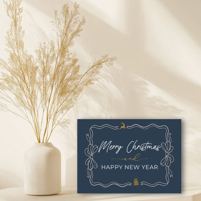 Azul: Arco e Árvores Doodles Cartão de Feriado dob (Blue: Bow & Trees Doodles Holiday Folded Card)