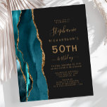 Azul-azul-Dourado-orçamento Agate Escuro 50º Anive<br><div class="desc">A borda esquerda deste elegante e moderno convite de aniversário 50º apresenta uma borda azul-lacrimejante agate feita com brilho dourado. O texto personalizável combina manuscrito dourado,  fontes em copperplate e itálico em um fundo preto de slate. O verso apresenta um design de chaleira e de agata dourada.</div>