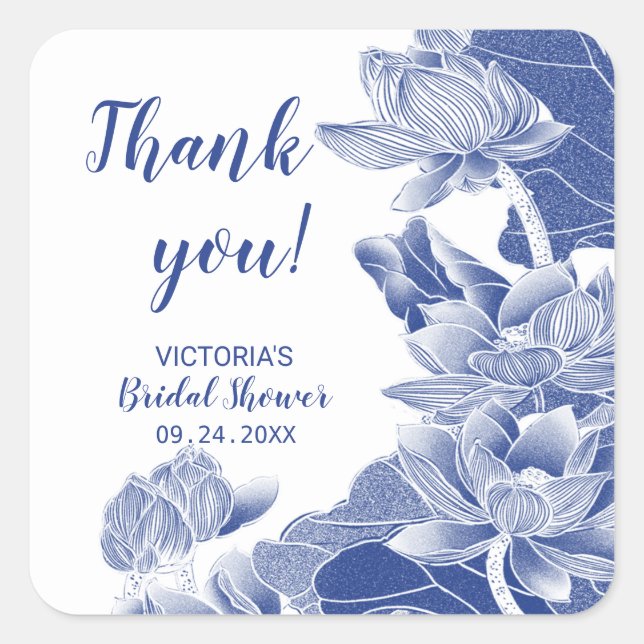 Azul Branco Chinoiserie Obrigado Adesivo Quadrado (Frente)