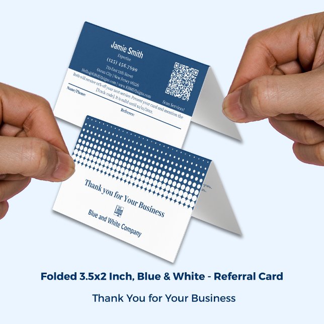 Azul Branco Dobrado Combinado Obrigado Cartão de R (Blue White Folded Combined Thank You Referral Card; Size: 3.5x2 Inch)