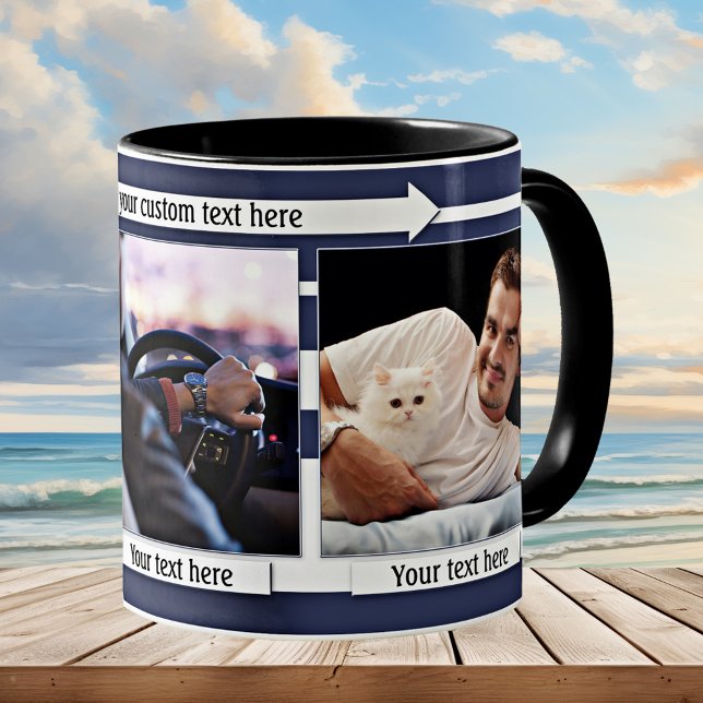Azul Branco Estimulou Sua Caneca Fotográfica (Simple dark blue and white nautical striped mug with your own photos - great as a gift for him)