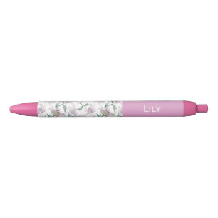 Azul Caneta Personalizada com Nome Lírios Rosa