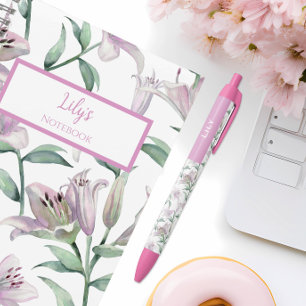 Azul Caneta Personalizada com Nome Lírios Rosa