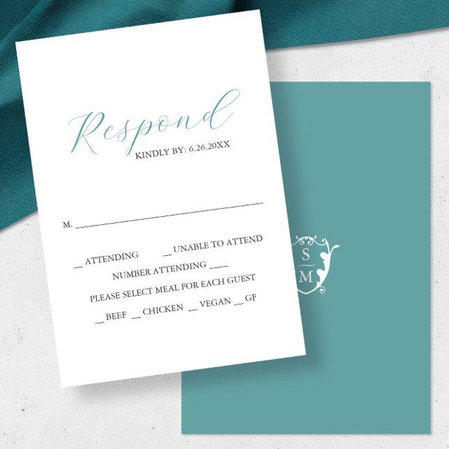 Azul com placas RSVP Monogramas de escolha de refe (Monogrammed initials wedding rsvp card in turquoise blue.)