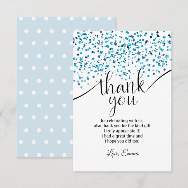 azul, confete, cartão de agradecimento (Frente/Verso)