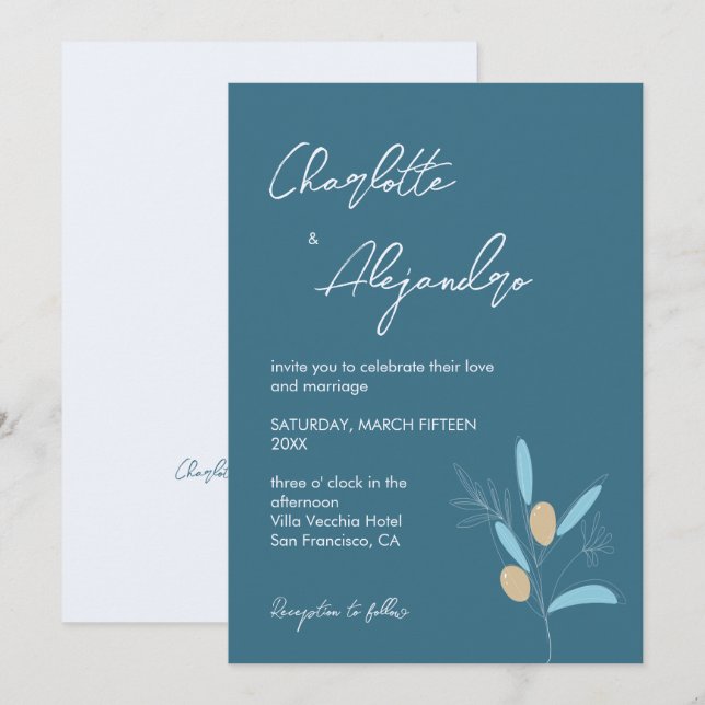 Azul de Convite para Casamento de Vibes do Mediter (Frente/Verso)