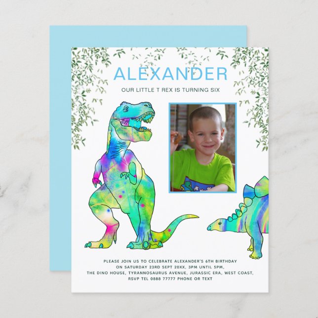 Azul de Festa de aniversário de Raio do Dinossauro (Frente/Verso)