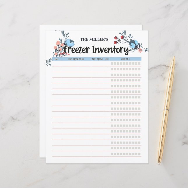 Azul de Inventário do Congelador Floral (Frente/Verso In Situ)