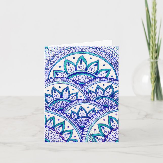 Azul de Pavão Damask Mandala Indiana Agradecimento (Frente)