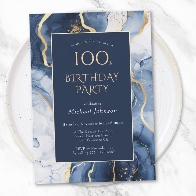 Azul, Dourado Agate 100º Convite de Aniversário (Blue Gold Agate 100th Birthday Invitation)