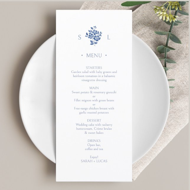 Azul e Branco | Menu Floral Monograma Flat Wedding (Criador carregado)