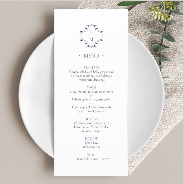 Azul e Branco | Menu Floral Monograma Flat Wedding (Criador carregado)