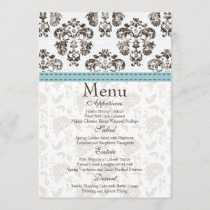 Azul e cartão do menu do casamento tema damasco d