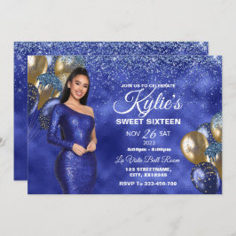 Azul e Dourado Doce 16 Menina Convite de Aniversár