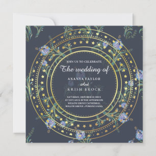 Azul e Dourado Floral, Convite de Casamento