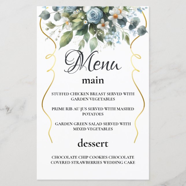 Azul e Dourado Floral Elegante Rústico Menu Aquare (Frente)