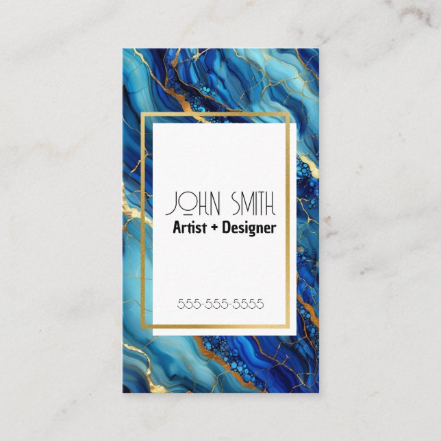 Azul e Dourado Marble Moderno Cartão de visita (Frente)