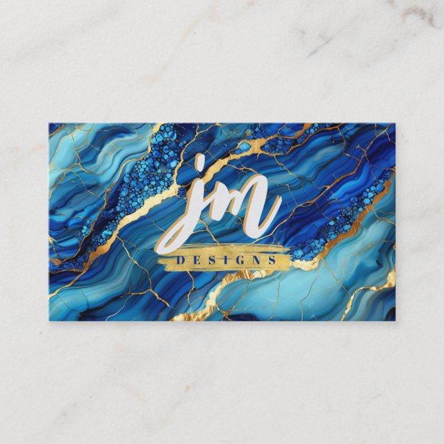 Azul e Dourado Marble Moderno Cartão de visita (Frente)