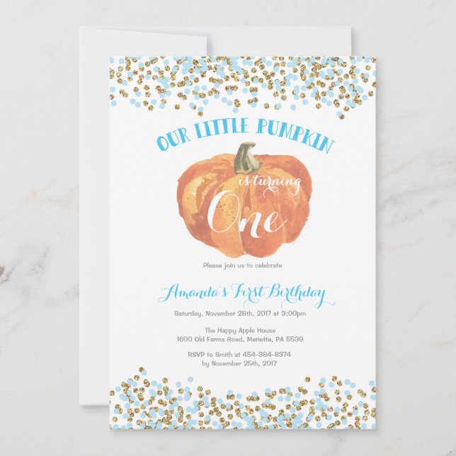 Azul e ouro do convite do aniversário da abóbora (Frente)