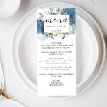 Azul Elegante Aquarela e Floral, Menu Casamento<br><div class="desc">Aprecie seus convidados com este cartão de menu elegante. Separe o design que apresenta no topo uma única mancha de aquarela azul flutuante e uma mancha floral. Flores e folhagem em azul poeirento, azul marinho, branco, cinzas e tons de sábado. Adicione as suas próprias informações de menu na frente e...</div>