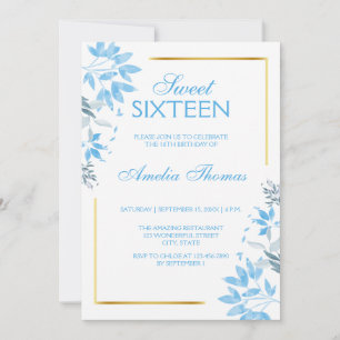 Azul Elegante Doce Floral 16 Convite Aniversário