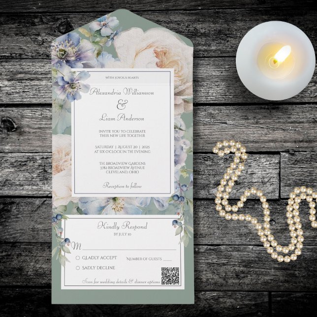 Azul Elegante e Beige Floral no Código QR Verde Sa (Criador carregado)