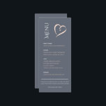 Azul elegante moderno com menu de mesa cardíaca ro<br><div class="desc">Mesa de mesa superior da recepção de casamento moderna Sinal de inclinação com grande coração rosa. Deixe seu convidado festa de casamento saber o que está no menu de celebração da recepção de casamento com este design de menus minimalista com tipografia elegante branca e rosa rústica e um grande coração...</div>