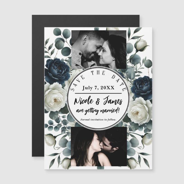 Azul Escuro & Branco Verde Floral Moderno Data de  (Frente/Verso)