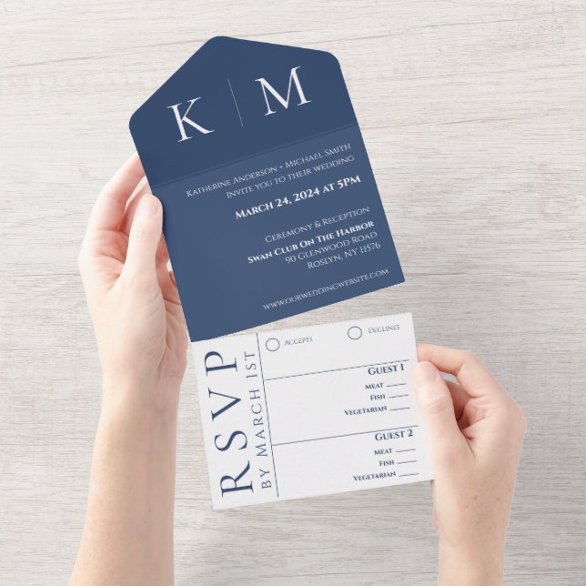 Azul Escuro e Branco-Moderno-Monograma-Casamento- (Aba destacável)