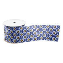 Azul Floral Árabe Padrão Satin Ribbon