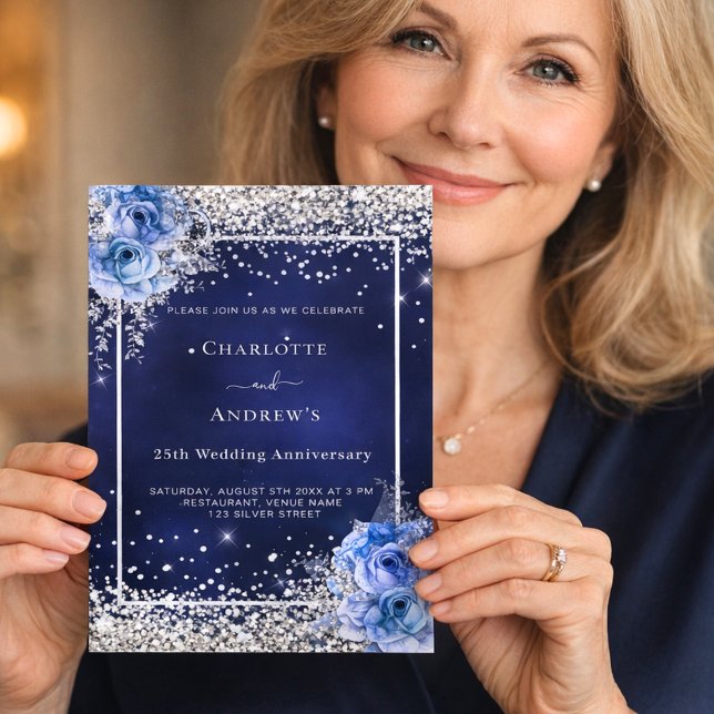 Azul, floral, convite para o casamento de prata (Criador carregado)