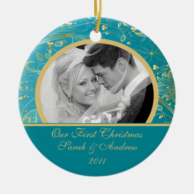 Azul floral Dourado do primeiro ornamento da foto (Frente)