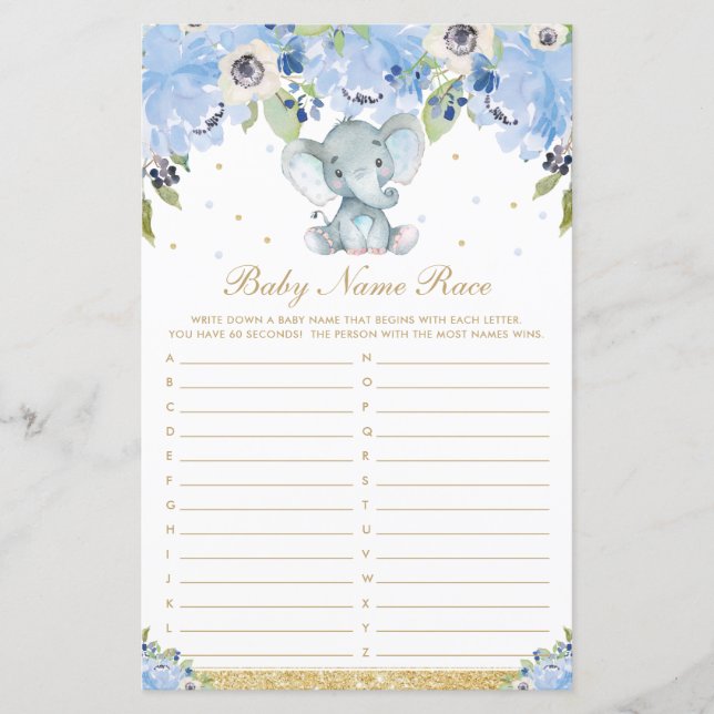 Azul Floral - Elephant Baby Name Race Game (Frente)