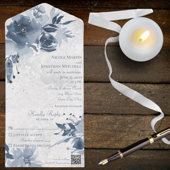 Azul Floral em Branco em Distestido com Código QR (Criador carregado)